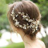 Wedding-Style Hair Clip and Earrings Combo with Gold Branch and Diamond Leaf Design