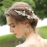 Wedding-Style Hair Clip and Earrings Combo with Gold Branch and Diamond Leaf Design